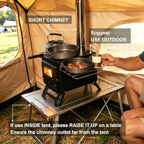 Steladomus Portable Camping Wood Stove with Fire Mat & Chimney Pipes – Compact Tent Heater Kit for Backpacking, RV, Ice Fishing