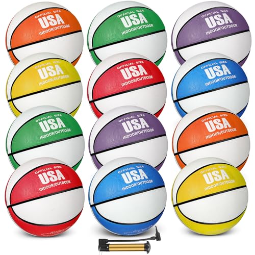 Lenwen Size 5 12-Pack Rubber Basketballs with Pumps - Indoor & Outdoor Training