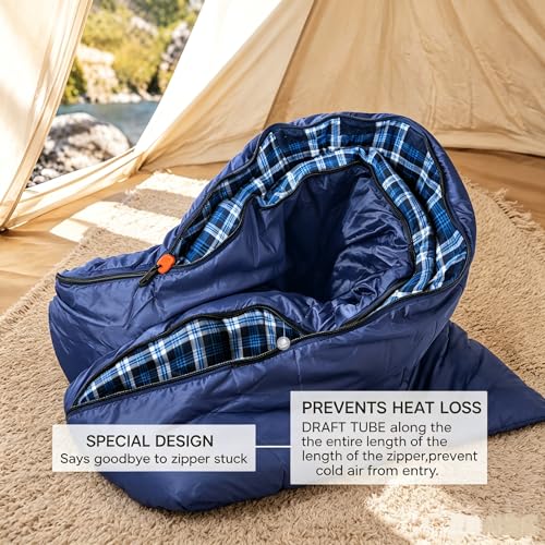 FJALLNOK Queen Size Cotton Flannel Double Sleeping Bag - Blue, 3-Season Warm Camping Bed for Adults