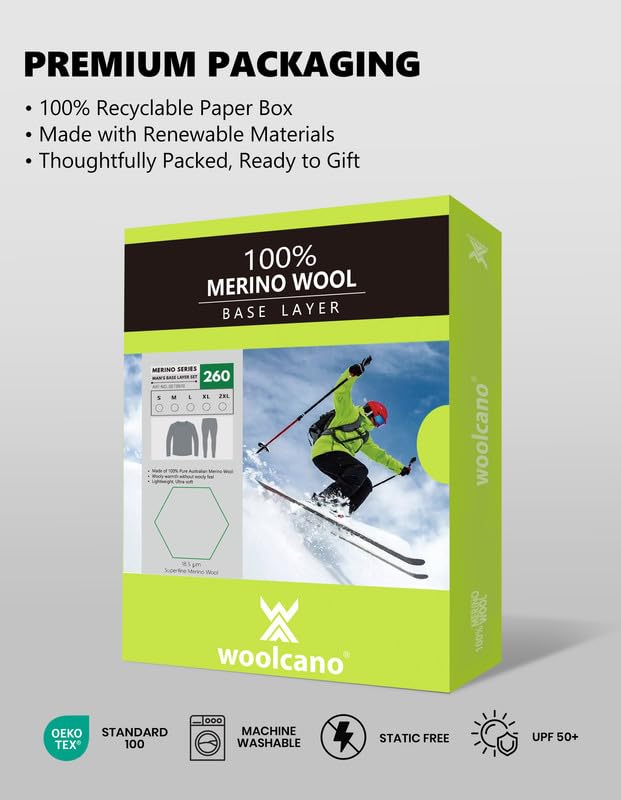 Woolcano Men's Merino Wool Base Layer Set Small Black - Lightweight Ski Base Layer