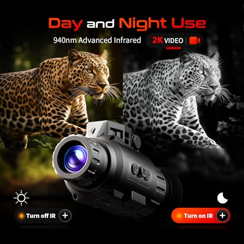 2K Night Vision Monocular - Digital Infrared Goggles with 4 Color Modes, Helmet Mountable, 60Hz Refresh, 940nm IR, 0.0001 Lux Sensor