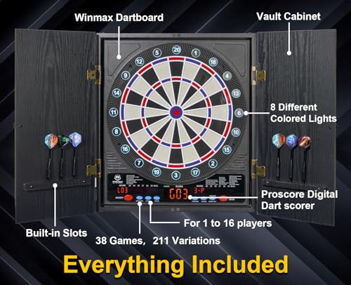 WIN.MAX Black Electronic Dart Board with Cabinet Set, 8-Player Color Light & Auto Scoring