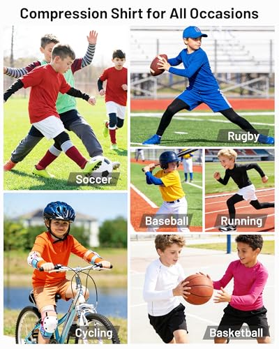 Runhit Youth Boys Compression Shirt Long Sleeve Athletic Undershirt - Large Black UPF 50+