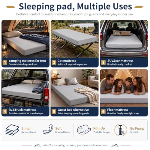 CYMULA Grey Twin Memory Foam Camping Mattress Pad 75x38x3 Inches Portable Sleeping Mat