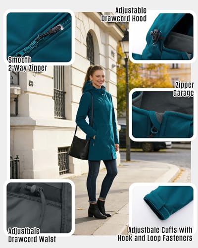 Women's Waterproof Fleece-Lined Softshell Rain Jacket with Hood - 33,000ft, Large Teal