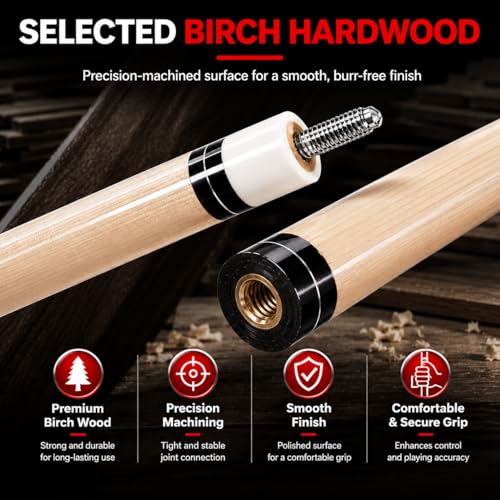 HNQQ 58 Inch 2-Piece Birch Pool Cue Sticks Set of 6, 20 oz, 13mm Tips for Billiards
