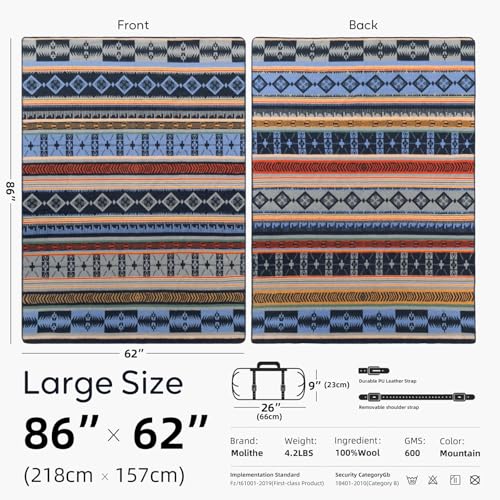 Mountain Large Wool Blanket 62x86 Inches - Warm, Thick, Military Camping Gear