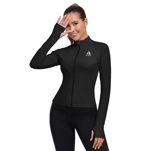 AURVAE Women's Workout Jacket, Womens Cropped Lightweight Running Jackets, Zip Slim Fit Athletic Tops for Gym, Yoga, Jogging (Small, Black)