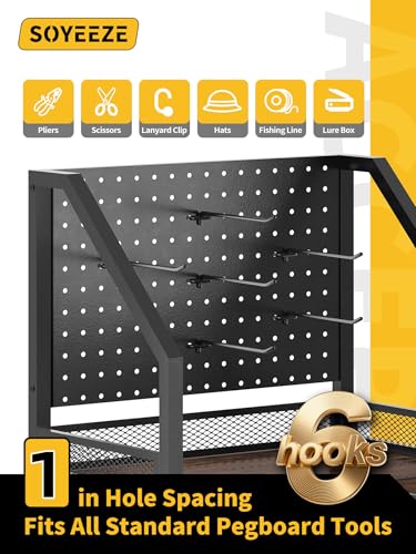 Fishing Rod Holders for Garage - Holds Up to 12 Rods with Pegboard Hooks - Black, 3-Sided with 6 Hooks