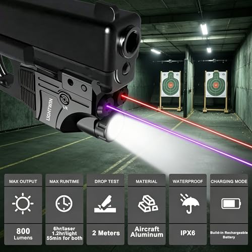 LIGHTWIN 3-in-1 Laser Sight & Flashlight for Pistols, Red & Purple, 800 Lumens, USB Rechargeable, Picatinny Rail Compatible