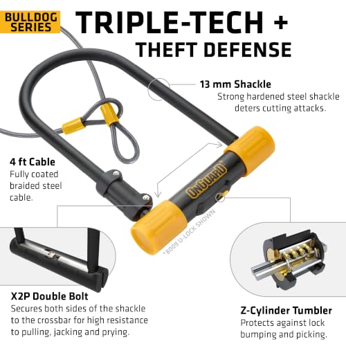 OnGuard Bulldog STD U-Lock with 4ft Cable - 13mm Hardened Steel, 115x230mm, Double Bolt Lock, Z-Cylinder, 5 Keys & Mount