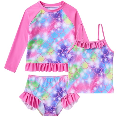 Girls Swimsuit 3 Pieces Rash Guard Bathing Suit for 5-6 Years - Mermaid Colorful