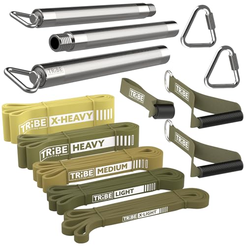 Green Resistance Bands Set with Handles for Workout & Pull Up Assistance - Tribe Lifting