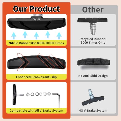 Chooee Bike V-Brake Pads Set - 70mm Black, 2 Pairs Universal Bicycle Brake Shoes