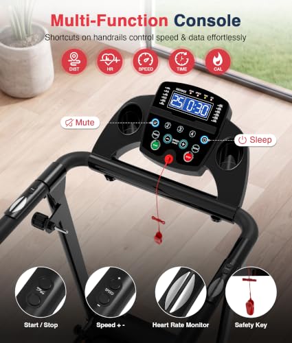 Senior Treadmill with Long Handrails and 0-2% Incline - Black - Safe Home Exercise Equipment