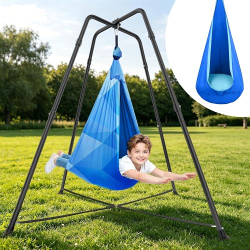 COZEER Blue Color-Block Sensory Swing with Stand for Kids & Adults, 330 lbs