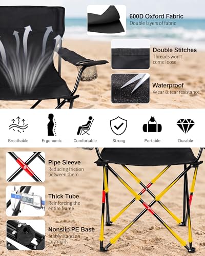 HaSteeL 2 Pack Black Folding Camping Chairs with Detachable UV Umbrellas, Portable Beach & Lawn Chairs, Supports 275lbs