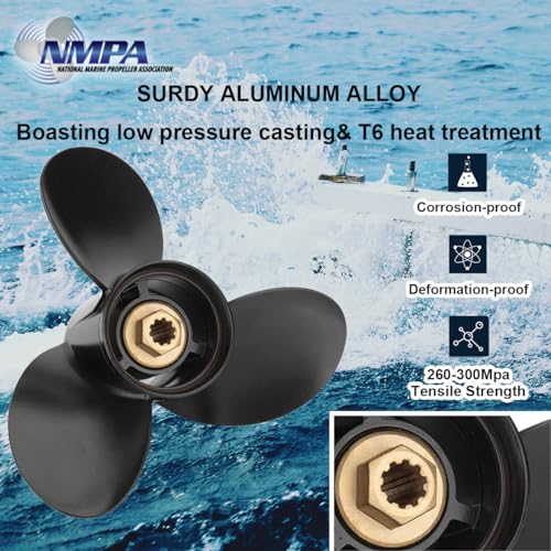 VIF Boat Propeller 10 3/8 x 13 for Mercury 9.9-25HP Outboard Engines, Black Aluminum