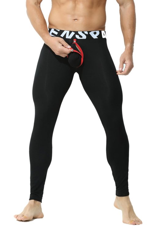 KAMUON Men’s Removable Pouch Long Johns Thermal Underwear Pants Bottom Leggings (US, Alpha, Large, Regular, Regular, Black)