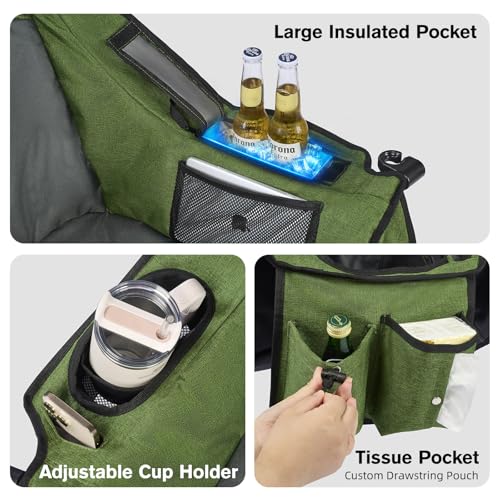 Coldbee Oversized Green Camping Chair with Padded Headrest & Cooler, Heavy Duty 500lb Capacity