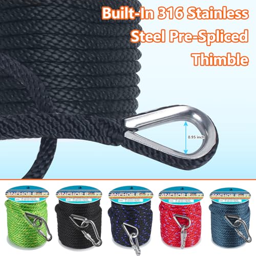 DEDU 5/8 Inch 100 FT Marine Anchor Rope with Stainless Steel Thimble & Snap Hook, Black