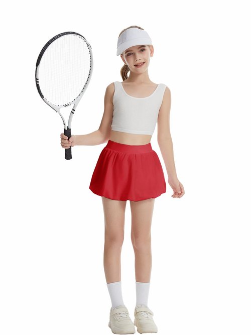 CharmWM Girls Bubble Tennis Skirts with Inner Shorts Pockets Ruffle Athletic Running Skort 3-14 Years Red