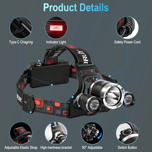 BORUIT Headlamp with Red Light USB-C Rechargeable 90° Adjustable 3 Modes - Red1