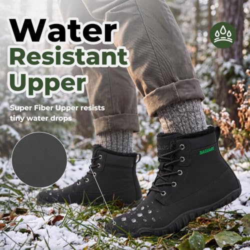 SAGUARO Winter Barefoot Boots for Adults - Water-Resistant, Wide Toe Hiking Shoes with Faux Fur Lining - Black, Size 10 Women / 9 Men