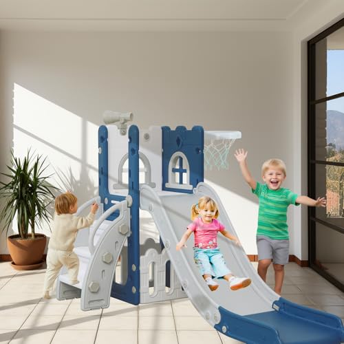 Blue 6-in-1 Toddler Slide Climber Playset with Basketball Hoop & Storage