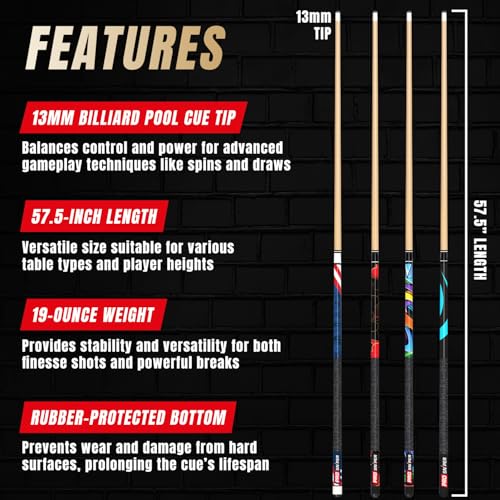 Multicolor 58-Inch Canadian Maple Pool Cue Set of 4 with Low-Deflection Shafts & Chalks - Prosniper Billiard Cues for Home & Bar