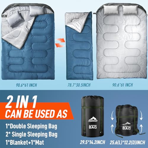 MEREZA Double Sleeping Bag for Adults XL Queen Size with Pillow, All-Season Camping & Hiking, Blue & Gray