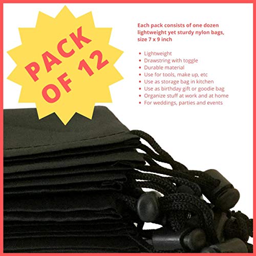 Black Nylon Drawstring Pouches 7x9 Inches - 12 Pack Travel & Storage Bags