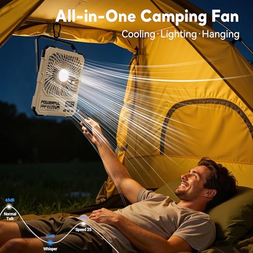 Portable Camping Fan with Power Bank Khaki - 20000mAh Foldable Rechargeable Fan with LED Light & Remote