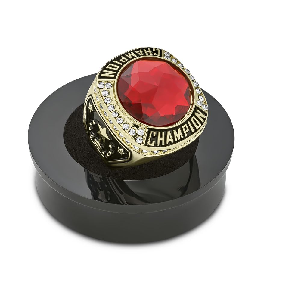 Express Medals Champion Gold Color Trophy Ring with Crimson Red Synthetic Center Stone Award Gift Fantasy Prize with Display Neck Chain and Stand Championship Rings