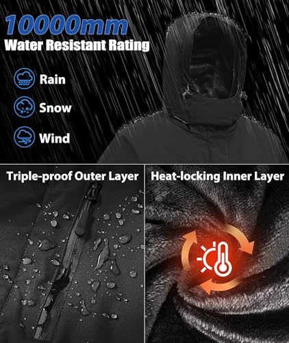 Buyboxs Men's Large Black Waterproof Winter Ski Snowboard Jacket - Insulated Rain Coat with Fleece Lining