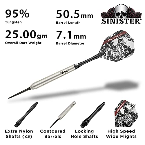 Viper Sinister 95% Tungsten Steel Tip Darts Set 25g Slim Barrel, Includes Shafts & Flights