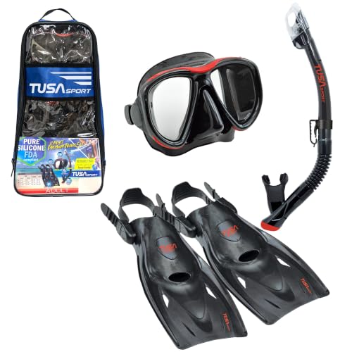 Large Black and Red Snorkel Mask Fins Travel Set for Adults - TUSA Powerview