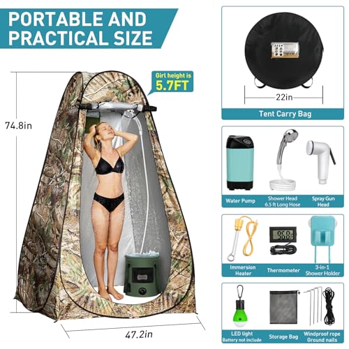 Portable Camping Shower with LED Lights & Foldable Bucket - Blue Pump