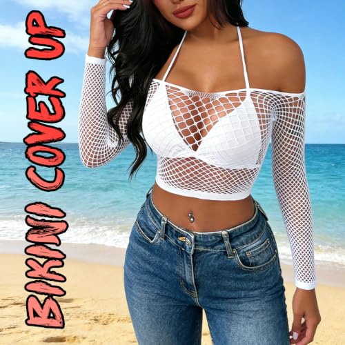 Women Sexy Fishnet Lingerie Top - Beach Cover Up, White, Medium