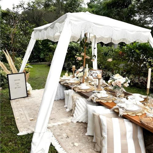 White Fringe Beach Cabana with Wood Poles | 7x7 ft Boho Canopy, UV Protection, Easy Setup