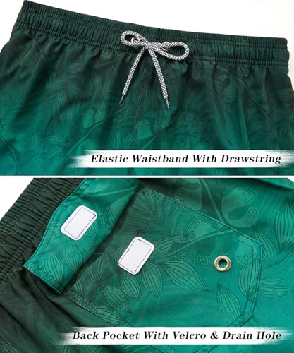 Men's 9 Inch Swim Trunks with Mesh Liner - Large Leaf Gradient Green