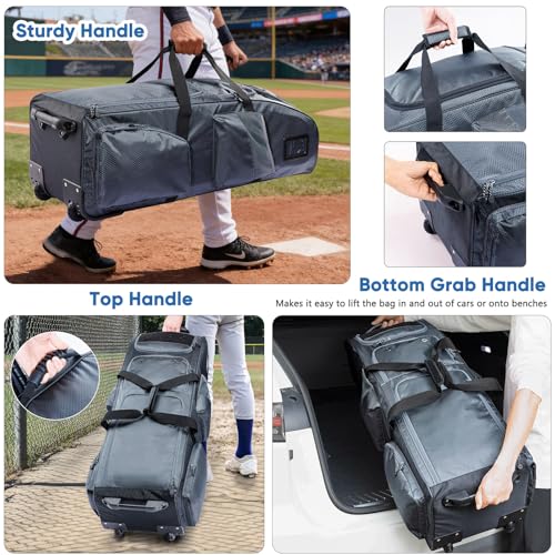 VIGEGARI Rolling Baseball Bat Bag with Wheels - Large Capacity Grey Sport Gear Bag for Bats & Equipment