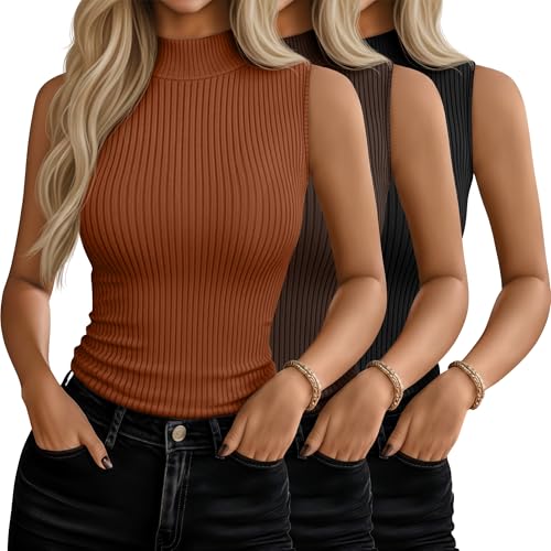 Women's Sleeveless Turtleneck Tops - 3 Pack Medium Black Dark Brown Pumpkin