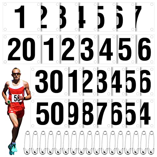 Marathon Running Bib Numbers Set 1-50 with Safety Pins - Reusable Nylon Race Bibs