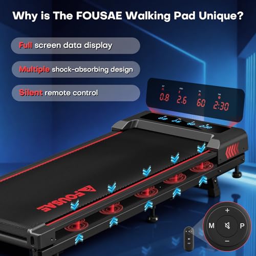 FOUSAE Black Red Walking Pad Treadmill with Incline 6.2MPH, LED Display, 2.75HP, Remote