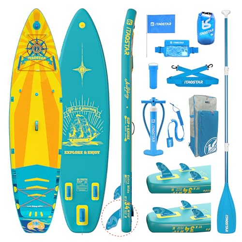 iTAOSTAR Bright Yellow & Teal Green Inflatable Stand Up Paddle Board with Full Accessories - 34-inch Wide, 400 lbs Capacity, Dual Fin, Camera Mount