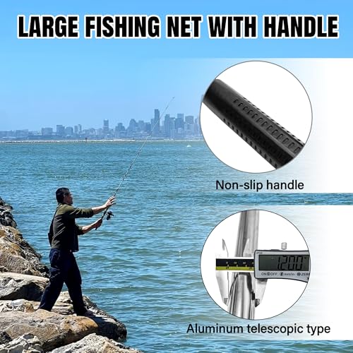 Heavy Duty Large Rubber Fishing Net with Telescoping Handle 67-100in for Saltwater Fishing