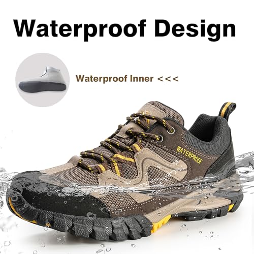 Men's Waterproof Lightweight Hiking Shoes - Non-Slip Outdoor Walking - Dark Brown, 10-10.5 Wide