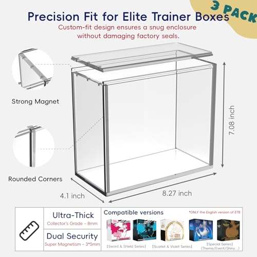 EAVAN Clear 3-Pack Acrylic ETB Protector Cases with Sliding Magnetic Lid
