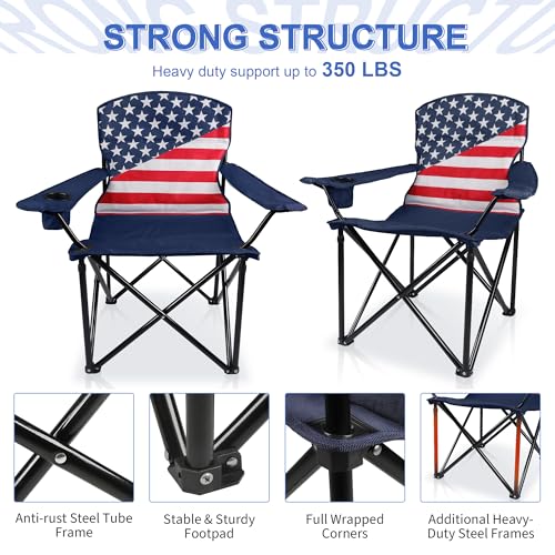 American Flag Oversized Collapsible Camping Chairs 2-Pack, Padded Lawn Seats, 350 lbs